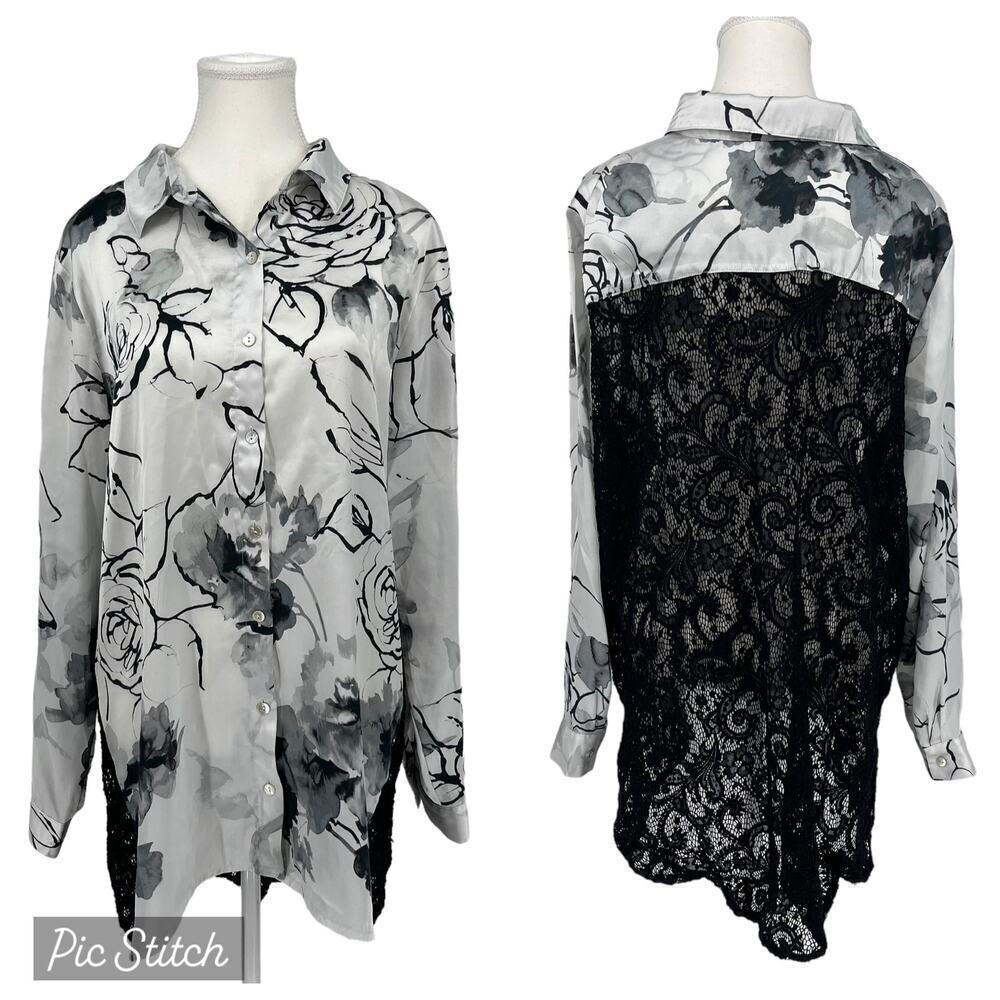 Vintage Dennis by Dennis Basso Blouse Lace Back‎ Black & White Floral Large